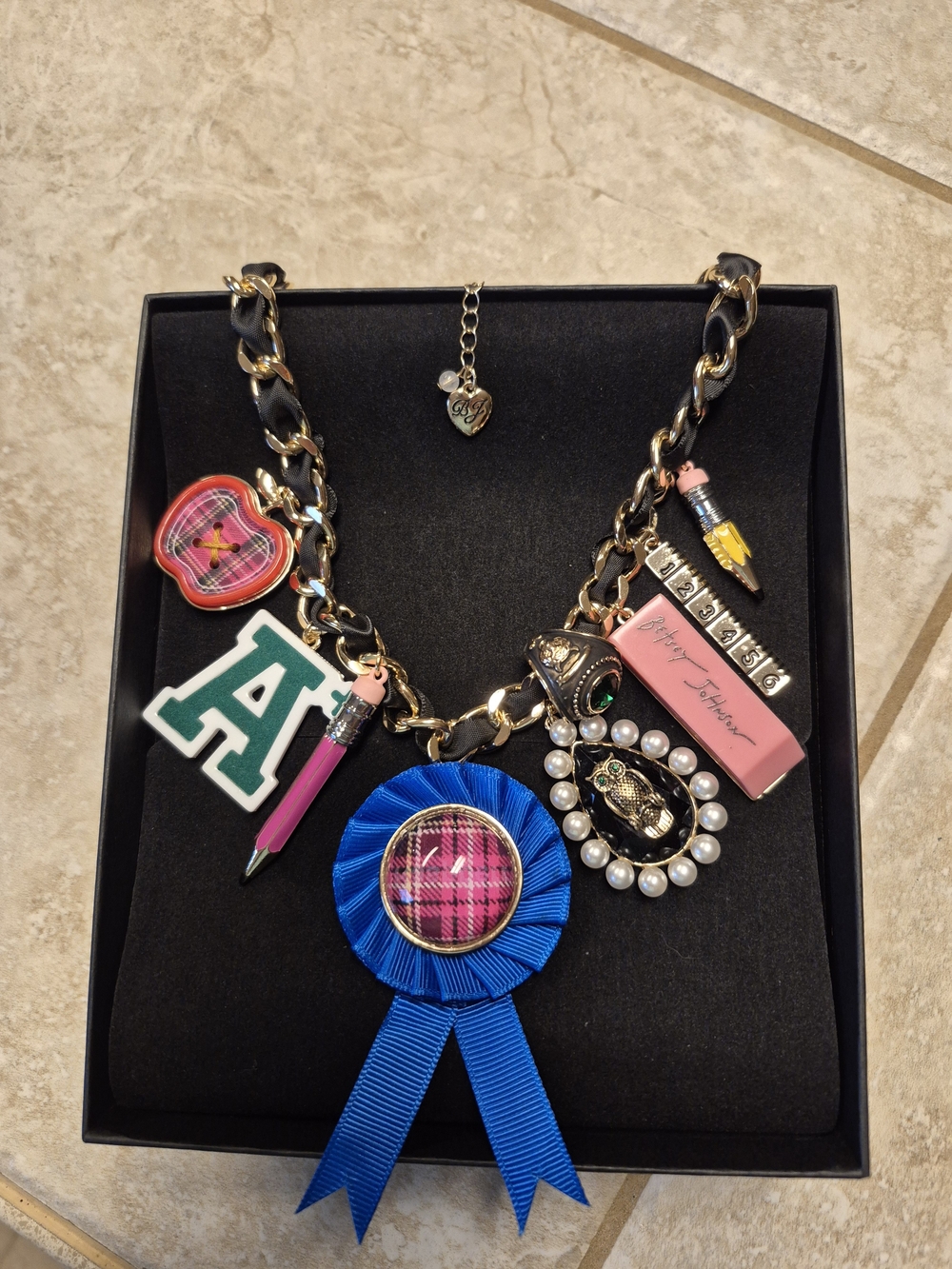 Betsey Johnson Best In Class Drama Front Multi School Charm Necklace NWT
